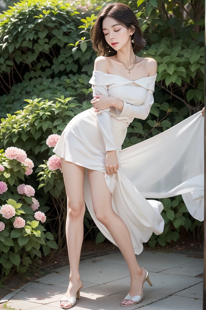 elegant slender legs, (full body:1.8), slightly parted lips, off-shoulder, beautiful young girl, hair falling over shoulders, clear eyes, smooth hair, exquisitely perfect facial features, most beautiful large eyes, long eyelashes, gentle silkworm-like gaze, puckered expression, dynamic angle, ultimate image quality, highest precision, accurate and perfect human ???????, necklace, beautiful bust, closed eyes, outdoor, background is flowers and plants, long shot