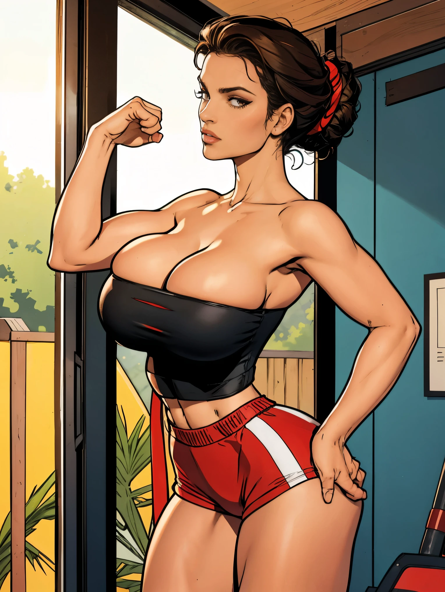 Extremely busty thin and toned brunette, gym girl, fair skin, loose updo, soft face, athletic, strapless bright red tube top, tiny black spandex shorts. standing by a sliding glass door, gym, windows, stretching. Huge .