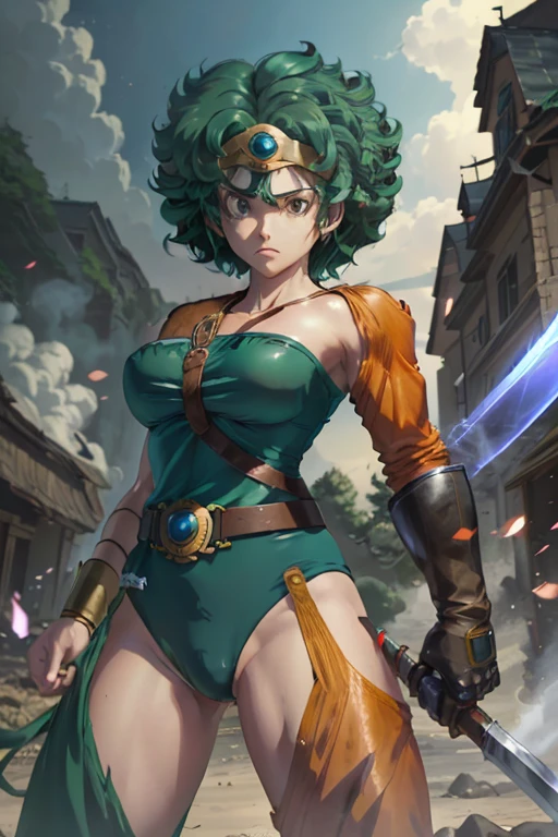 Anime Artwork Anime Artwork Masterpiece,Highest quality, Unreal Engine, Ultra-high resolution, Very detailed丸い胸, 1 person with medium chest, Waist, thin,(Muscular:0.9)
heroine,
Circlet, Curly Hair, Green Hair, short hair, Asymmetrical clothing, leotard, belt, One-handed gloves, Single Sleeve, Single Thigh High Cave, Holding a sword, . Anime Style, Key Visual, Vibrant, Studio Anime, Very detailed、Crippling、Hurt、Coming under attack、Get on both knees