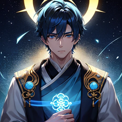 17-year-old male with a bluish aura surrounding him that shines like the stars. Her short hair is onyx black at night and is combed back with a beautiful and striking look.. His eyes are a light sky blue that shine with a sky blue glow.. His figure is imposing and muscular, His hands and forearms glow in a beautiful sky blue tone.. And he is dressed in Chinese emperor clothes. He has a neon blue halo on his head..He looks as solemn and beautiful as a god