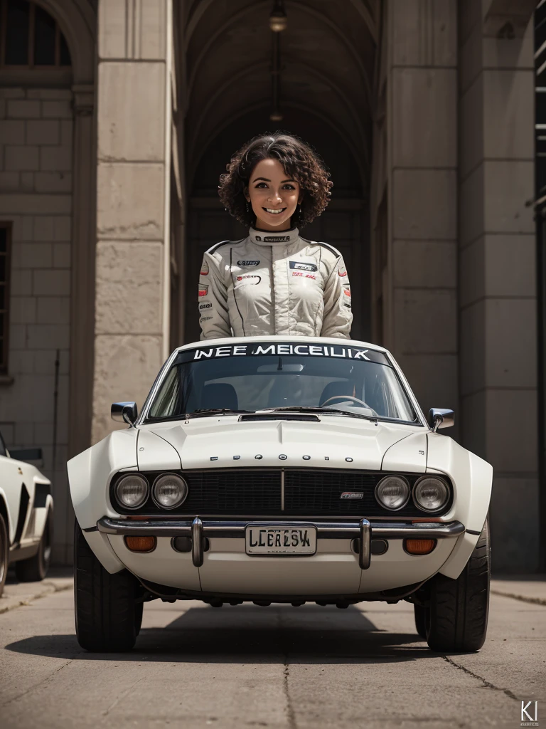 A professional photo shoot of gorgeous Scandinavian short curly hair styled female rally champion in her official rally suit, proud smile, badass rally car background, detailed face, detailed eyes, symmetric eyes, perfect face, shallow depth of field, masterpiece photography work of Annie Leibovitz, professional Lightroom Color grading by Kenneth Hines Jr., Volumetric lighting, ultra-sharp focus