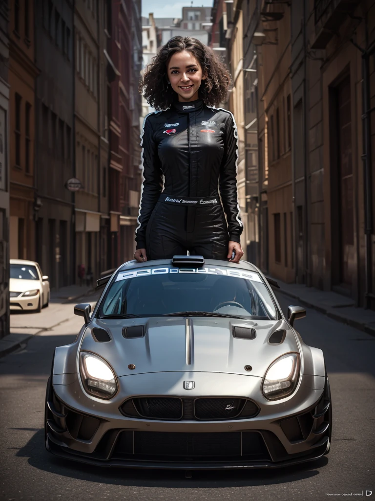 A professional photo shoot of gorgeous Scandinavian short curly hair styled female rally champion in her official rally suit, proud smile, badass rally car background, detailed face, detailed eyes, symmetric eyes, perfect face, shallow depth of field, masterpiece photography work of Annie Leibovitz, professional Lightroom Color grading by Kenneth Hines Jr., Volumetric lighting, ultra-sharp focus