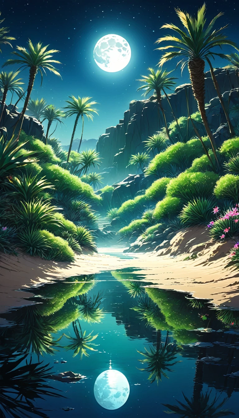 desert, oasis, night, moon, moon light, Star, Star空, silver河系, Quiet, peaceful, water, water面, reflection, Palm tree, contour, shadow, dune, Wind Line, green, blue, Group green color, Black, White, silver, mystery, fantasy, beautiful, Growth, Gorgeous, Cold, heating, Temperature difference, mirage, animal, fox, scorpion, snake, bird, owl, one, plant, cactus, flower, bloom, vitality, Compared, dramatic, shadow Art, mystery, romantic, expedition, adventure, , The World of Quiet, time, forever, 深吸one口气, Rehabilitation, Peace, desert宝石, Hidden Paradise,beautiful Anime Landscape, 山water画, beautiful数字, Andreas Rocha, Beautiful artistic illustration, Great wallpaper, Han Ruiwen, tall beautiful painting, Gribble Studio Makoto Shinkai, Wallpaper HD beautiful, Anime Landscape