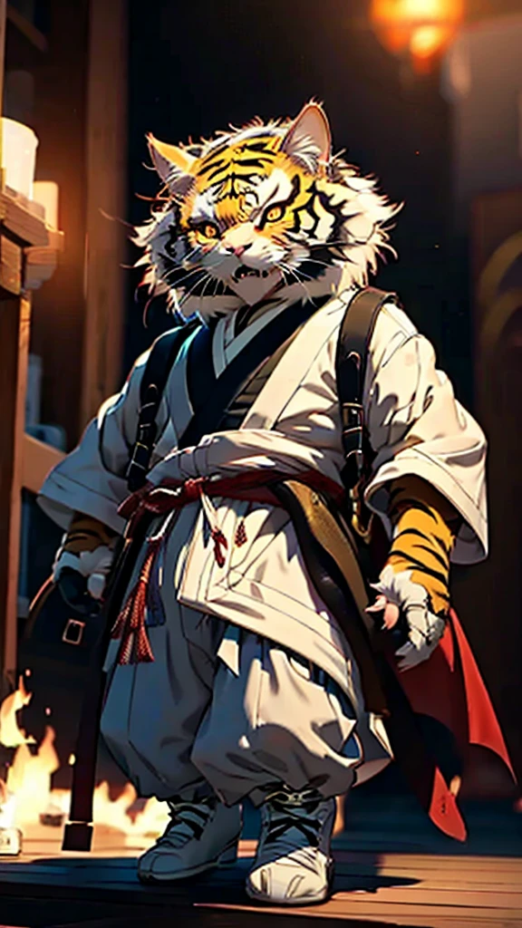 There is a red and black statue of the devil, The red masked villains, Onmyoji Detail Art, Demon Horns, Demon Samurai, Masks for them, Samurai Demon Mask, Devil Samurai Warrior, Detailed painting 4k, Gorgeous animation with complex CGI style, 4K high definition graphics,Refine and enhance the following anime-style demon character design:
- Skin color: Red
- Fangs: Sharp, prominent fangs
- Body: Muscular and large build, with detailed muscle definition
- Clothing: Wearing a detailed tiger-skin loincloth with realistic texture
- Expression: Fierce, intimidating, with glowing eyes
- Background: dark, ominous setting with flames, traditional Japanese elements like torii gates or ancient temples
- Additional details: Add scars, tribal tattoos, and a menacing aura around the character