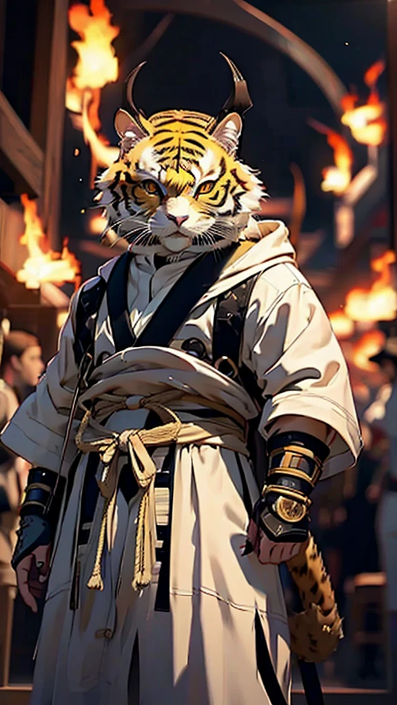 There is a red and black statue of the devil, The red masked villains, Onmyoji Detail Art, Demon Horns, Demon Samurai, Masks for them, Samurai Demon Mask, Devil Samurai Warrior, Detailed painting 4k, Gorgeous animation with complex CGI style, 4K high definition graphics,Refine and enhance the following anime-style demon character design:
- Skin color: Red
- Fangs: Sharp, prominent fangs
- Body: Muscular and large build, with detailed muscle definition
- Clothing: Wearing a detailed tiger-skin loincloth with realistic texture
- Expression: Fierce, intimidating, with glowing eyes
- Background: dark, ominous setting with flames, traditional Japanese elements like torii gates or ancient temples
- Additional details: Add scars, tribal tattoos, and a menacing aura around the character
