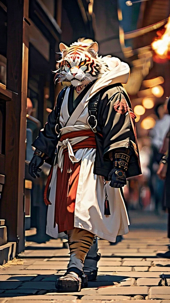 There is a red and black statue of the devil, The red masked villains, Onmyoji Detail Art, Demon Horns, Demon Samurai, Masks for them, Samurai Demon Mask, Devil Samurai Warrior, Detailed painting 4k, Gorgeous animation with complex CGI style, 4K high definition graphics,Refine and enhance the following anime-style demon character design:
- Skin color: Red
- Fangs: Sharp, prominent fangs
- Body: Muscular and large build, with detailed muscle definition
- Clothing: Wearing a detailed tiger-skin loincloth with realistic texture
- Expression: Fierce, intimidating, with glowing eyes
- Background: dark, ominous setting with flames, traditional Japanese elements like torii gates or ancient temples
- Additional details: Add scars, tribal tattoos, and a menacing aura around the character