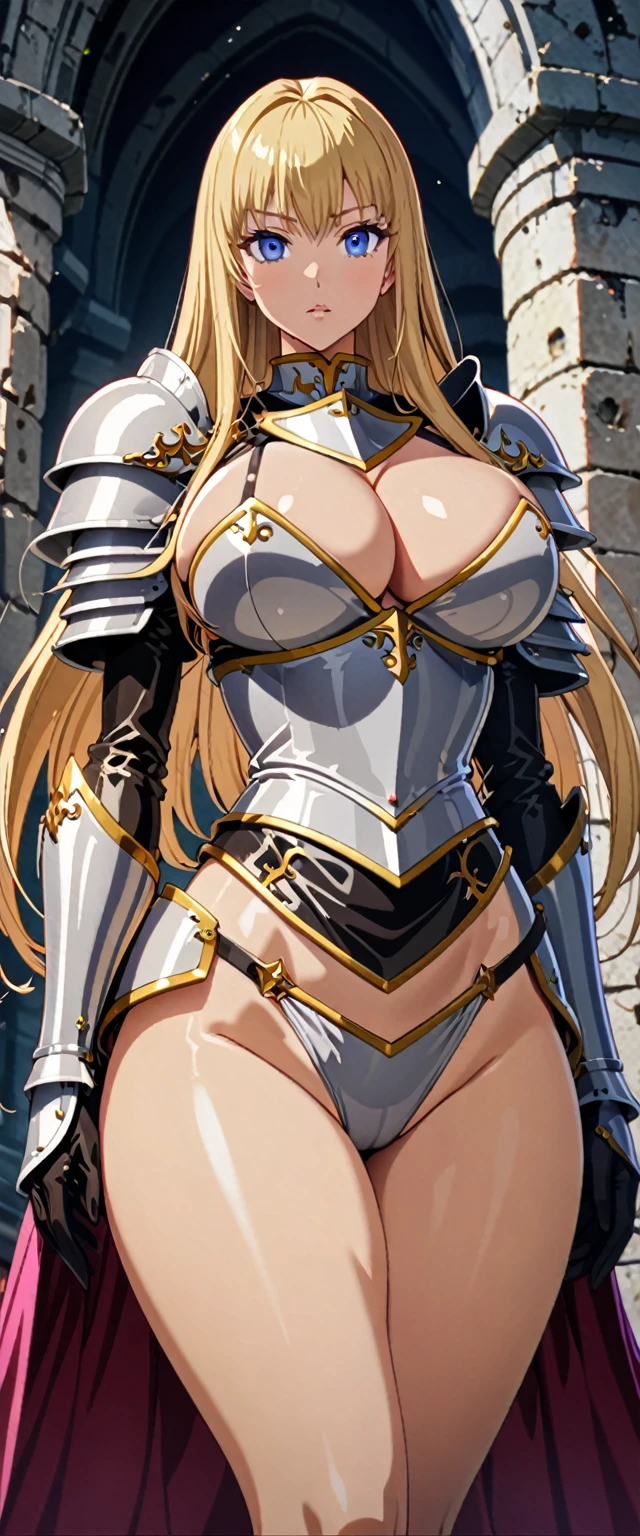 ((masterpiece)), ((high quality)), ((super detailed)), ((high resolution)) ,((8k)), a beautiful woman, ((She is one of the most famous female knight)), unparalleled beauty, ((huge breast)), ((large ass)), ((deep cleavage)), slim waist, chest out, ultra detailed face, perfect skin, (((long blonde straight hair))), blue eyes, detailed eyes, whole body image, (((anime))), ((glamorous)), 21 years old, ((incredibly beautiful woman)), ((The I cup bust)), ((((bikini armor)))), ((beautiful breasts)), beautiful legs, 8 life size, anime, the most beautiful and strongest, ((charm)), ((Grown-up face)), ((Perfect fingers)), ((Bewitching)), ((A young heroine)), ((((from below)))),