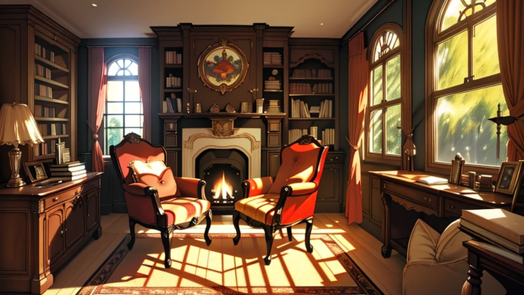 (tmasterpiece, high resolution, ultra - detailed:1.0), (study, Books, desk, chair,Bookshelves,French window, decorations, fireplace), color difference, Depth of field, dramatic shadow, Ray tracing, Best quality, Cinematic lighting, offcial art