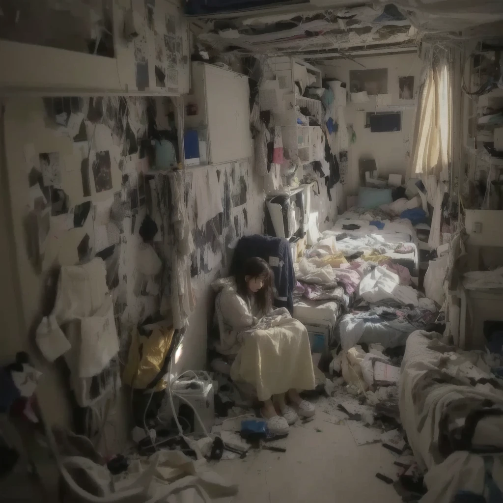 there is a woman sitting in a Messy room with a lot of clutter, inside a Messy room, Messy room, Claustrophobic room, Messy bedroom, Messy bedroomの中, Dirty room, Chaotic teen bedroom, Dirty apartment, In a decaying hospital room, Messy room, Crimmed New York apartment, A small room in Tokyo