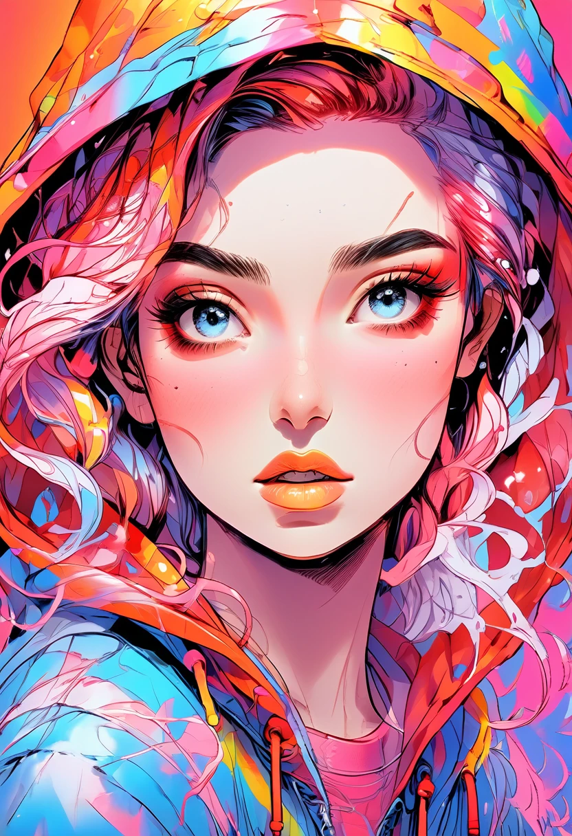 anime ,Realistic ,sketch , 1 Girl, Shining blue eyes,Glossy Lips, hoodie,order, Red gradient background, Neon Hair,textured crop, Canadian , (masterpiece,Highest quality,Rainbow Style)Hair dancing in the wind