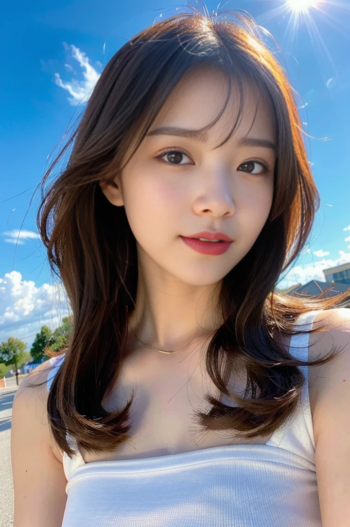 (8K, Highest quality, masterpiece: 1.2), Very detailed, Super Resolution, girl, (LOL:1.1), (Open your mouth:1.1), (Eyes Wide Open:1.2), Sun glare, Blurred Background, Particles of light, Strong winds,