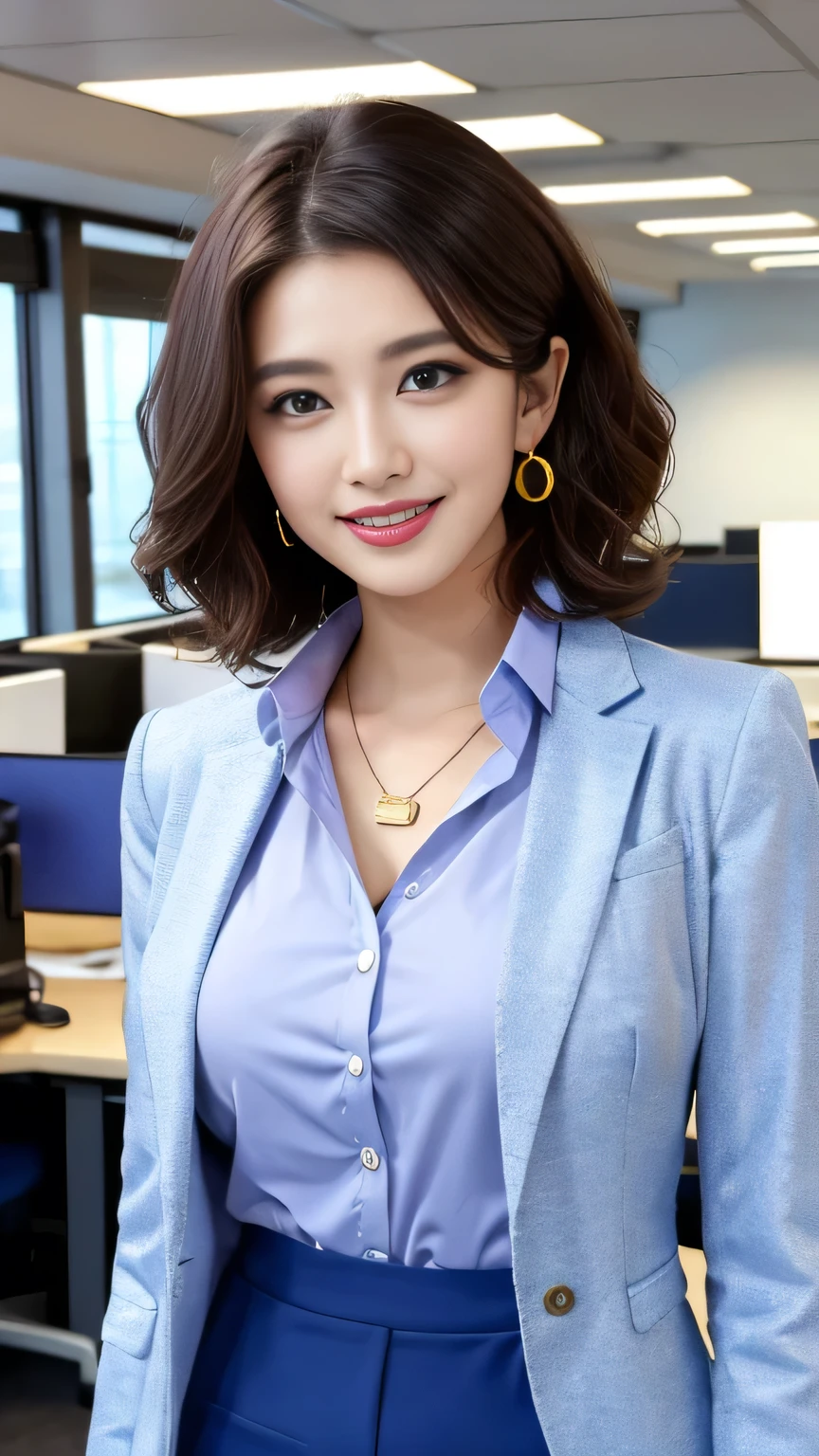 Highest quality:1.2), RAW Photos, High resolution, Very detailed, Intricate details, 、ear piercing、smile、Emphasis on teeth、Black Hair、 Short Haircut、Wavy Hair、、(Front view, ), Clear beauty, , (High quality fabric, Office Lady Suit 、Jacket、Unbuttoned shirt、 Necklace around the neck、The background is the office、Dark eyeliner