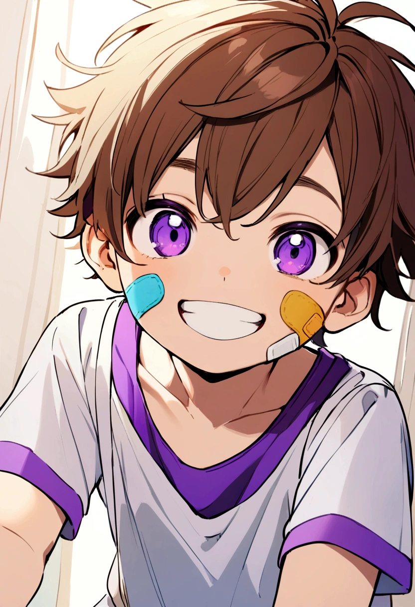 6 year old boy, brown hair, purple eyes, band aid on face, purple tank top, white t-shirt inside, smiling.