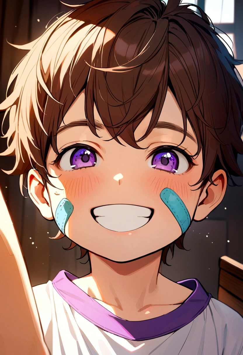6 year old boy, brown hair, purple eyes, band aid on face, purple tank top, white t-shirt inside, smiling.