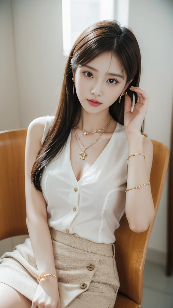 (((Practical photography))),,28year, portrait,Upper body, Korean，(Mature:1.3),, 1 girl，beautiful girl, arrogant,Sit in a large class chair , (necklace，earrings，bracelet:1.1), Sleeveless shirt，Button-down shirt and hip skirt,mini skirt , (cleveage:0.3),, In the CEO&#39;s office, (Environmental details:1.3),, (original photo, CG Unity, photography, ultra Practical details, Clear focus, Delicate skin,4K, high resolution, masterpiece, best quality, Practical, Full of energy:1.2),, (8K,4K, Ultra-high quality, high resolution, professional, Movie-like, , dramatic),（hair_bun,armpits:1.2）, Detailed office background，