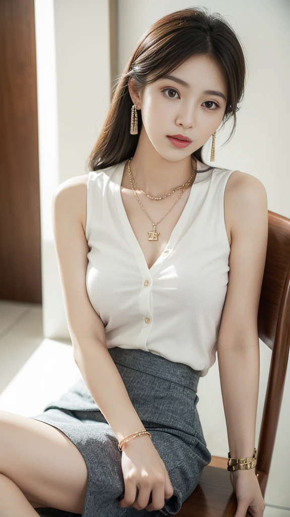 (((Practical photography))),,28year, portrait,Upper body, Korean，(Mature:1.3),, 1 girl，beautiful girl, arrogant,Sit in a large class chair , (necklace，earrings，bracelet:1.1), Sleeveless shirt，Button-down shirt and hip skirt,mini skirt , (cleveage:0.3),, In the CEO&#39;s office, (Environmental details:1.3),, (original photo, CG Unity, photography, ultra Practical details, Clear focus, Delicate skin,4K, high resolution, masterpiece, best quality, Practical, Full of energy:1.2),, (8K,4K, Ultra-high quality, high resolution, professional, Movie-like, , dramatic),（hair_bun,armpits:1.2）, Detailed office background，