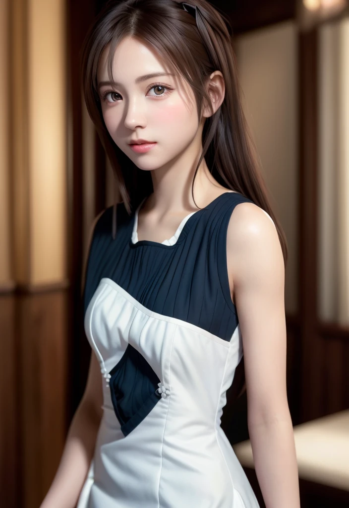 8K, of the highest quality, masutepiece:1.2), (Realistic, Photorealsitic:1.37), of the highest quality, masutepiece, Beautiful young woman, Pensive expression,、A charming、and an inviting look, Cute Maid Clothes, Hair tied back, Cinematic background, Light skin tone