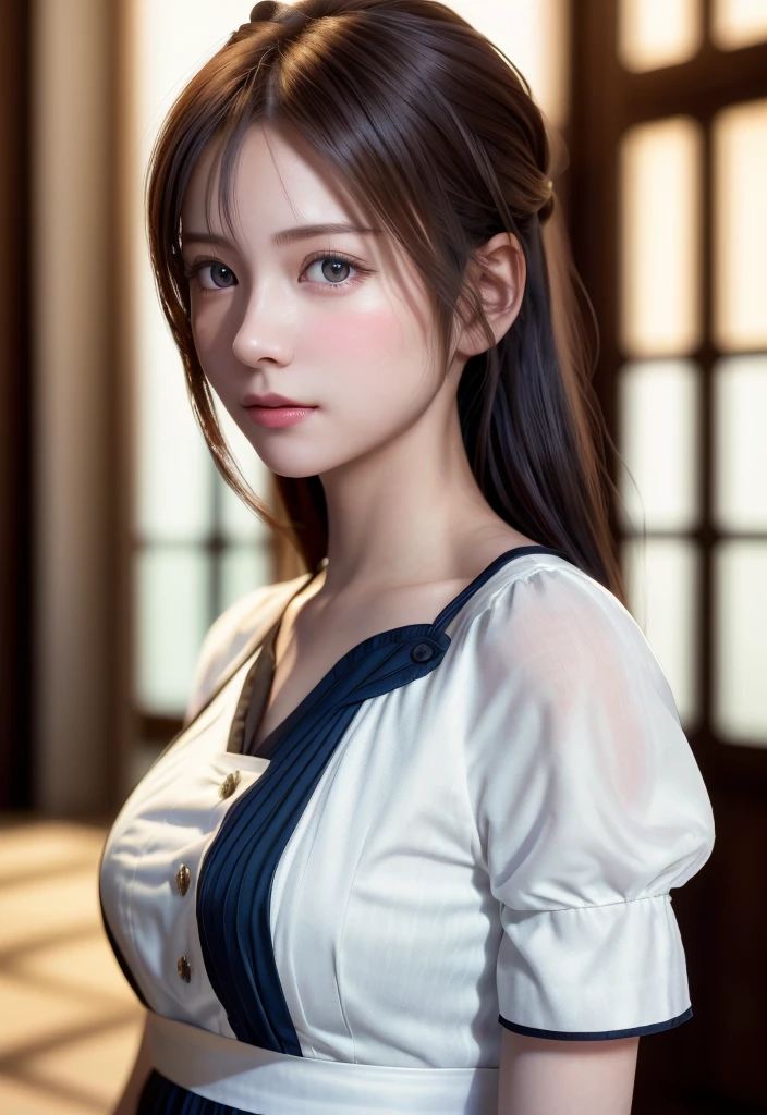 8K, of the highest quality, masutepiece:1.2), (Realistic, Photorealsitic:1.37), of the highest quality, masutepiece, Beautiful young woman, Pensive expression,、A charming、and an inviting look, Cute Maid Clothes, Hair tied back, Cinematic background, Light skin tone