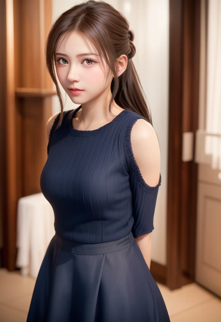 8K, of the highest quality, masutepiece:1.2), (Realistic, Photorealsitic:1.37), of the highest quality, masutepiece, Beautiful young woman, Pensive expression,、A charming、and an inviting look, Cute Maid Clothes, Hair tied back, Cinematic background, Light skin tone