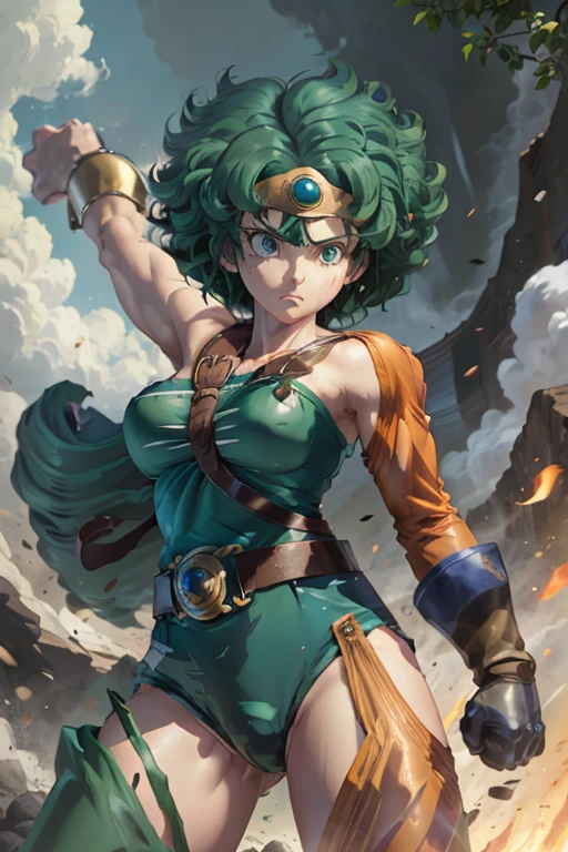 Anime Artwork Anime Artwork Masterpiece,Highest quality, Unreal Engine, Ultra-high resolution, Very detailed丸い胸, 1 person with medium chest,  Waist, thin,(Muscular:0.9)
 heroine, 
Circlet, Curly Hair, Green Hair, short hair, Asymmetrical clothing, leotard, belt, One-handed gloves, Single Sleeve, Single Thigh High Cave, Holding a sword, . Anime Style, Key Visual, Vibrant, Studio Anime,  Very detailed、Crippling、Hurt、come under heavy attack、Get on both knees、