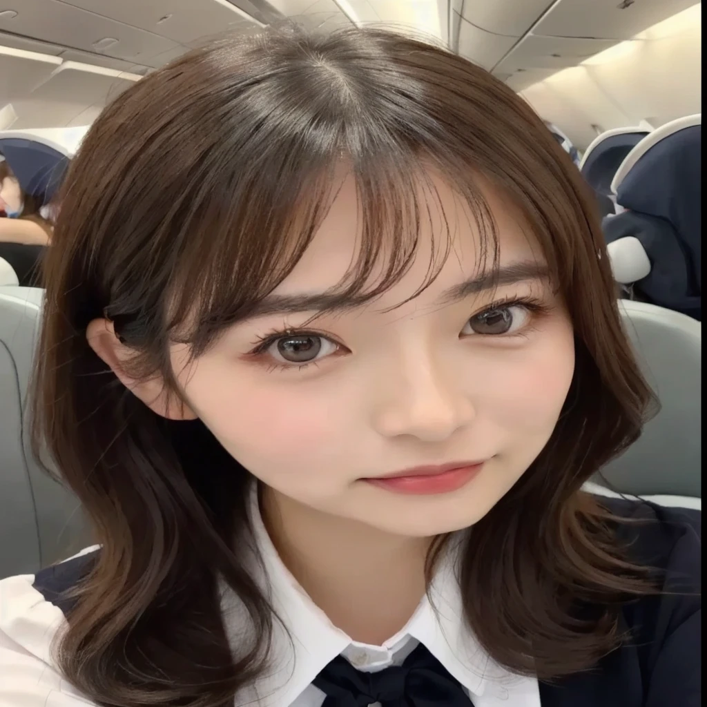A fifty-something Asian woman with long brown hair wearing a tie and white shirt, Cute natural anime face, Girl cute beautiful face, 8K Selfie, With a cute - lovely - face, Cute realistic portrait, Cute round eyes, Ulzzang, Young and adorable Korean face, 柔らかいRound face, Round face, A clear and pretty face、Young girl