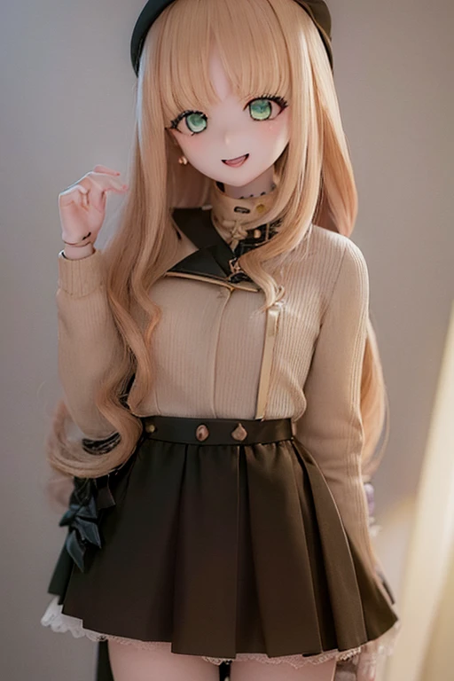 ((highest quality)), ((masterpiece)), (extremely detailed), kukolnydom, doll, ciel_synduality_noir, strawberry blonde hair, green eyes, long hair, bangs, mature woman, solo, smile, standing, skirt lift, 8k