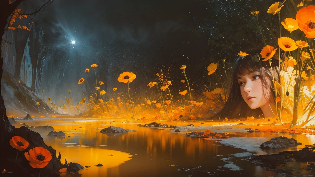 32k, Masterpiece, Highest quality, One girl, Detailed eyes, flower,Iceland Poppy, Orange and yellow style,A dreamy, romantic piece,Pale yellow, Mysterious Leaves,A playful arrangement,Fantasy,High Contrast,Ink strokes,explosion,Exposure, Impression of orange and yellow tones,Abstract,((Watercolours by John Berkey and Jeremy Mann )) Brush strokes,Negative Space, Tyndall effect,
