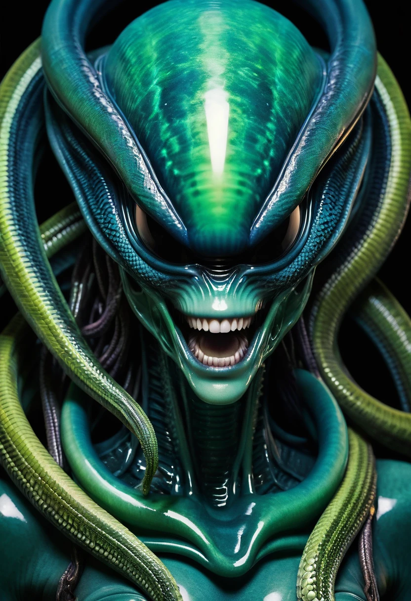 (((Extreme close-up Xenomorph Alien the eighth passenger fusion Medusa snakes like hair Greek mythology surreal and cinematographic images Color Splash images)),(((Front Images)))