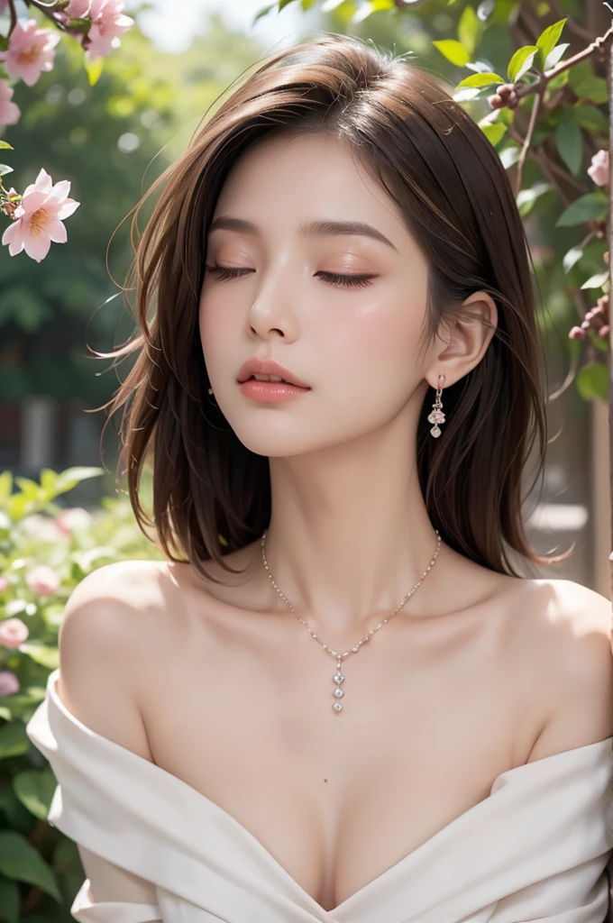 elegant slender legs, slightly parted lips, off-shoulder, beautiful young girl, hair falling over shoulders, clear eyes, smooth hair, exquisitely perfect facial features, most beautiful large eyes, long eyelashes, gentle silkworm-like gaze, puckered expression, dynamic angle, ultimate image quality, highest precision, accurate and perfect human anatomy, necklace, beautiful bust, closed eyes, outdoor, background is flowers and plants, long shot