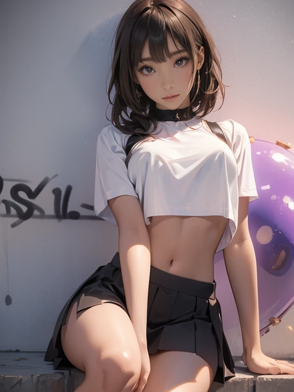 ((((Brown Skin、Dark Skin、Black Skin、Ultra-Realistic Skin))))One girl、Long Hair、Age 25、Oversized udder、Shapely super big breasts、Cotton crop top、((Miniskirt、Extremely short length 、rose、Cotton crop top))、choker、（Graffiti：1.5）、Purple Splash。、Arms behind your back、Leaning against a wall、Facing the viewer from the front。、Thigh straps、Tilt your head、boredom、Watery eye、((Composition from below、knees))