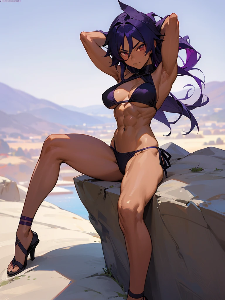 18 year old Yoruichi Shihōin from Bleach with tanned skin in a purple thong bikini flexing her muscles with her hands behind her head so they are not visible to pridefully show off her rock hard abs and sitting on her heels on a mountain ledge, highly detailed