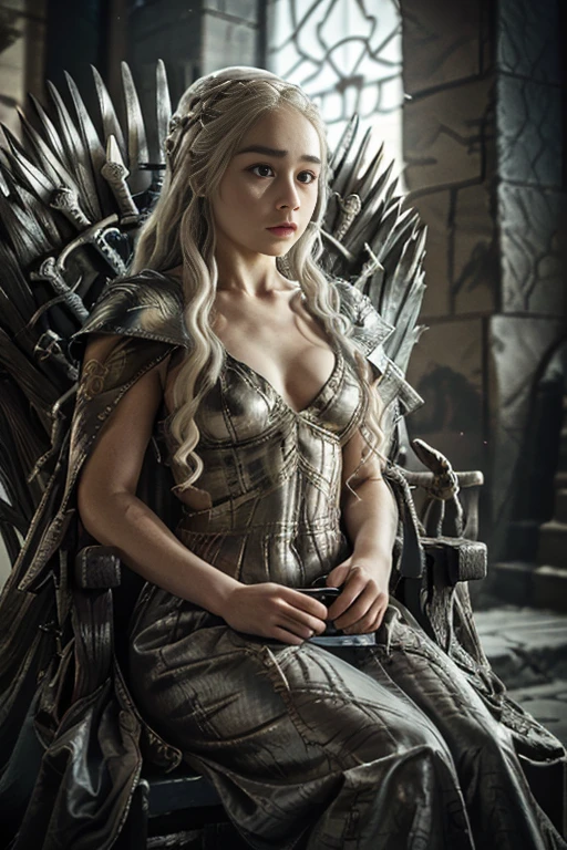 A sexy Daenerys Targaryen sitting on the Game of Thrones throne, fantasy throneroom, sinister gothic hall, gothic throne, dark, horror, best quality, masterpiece, 