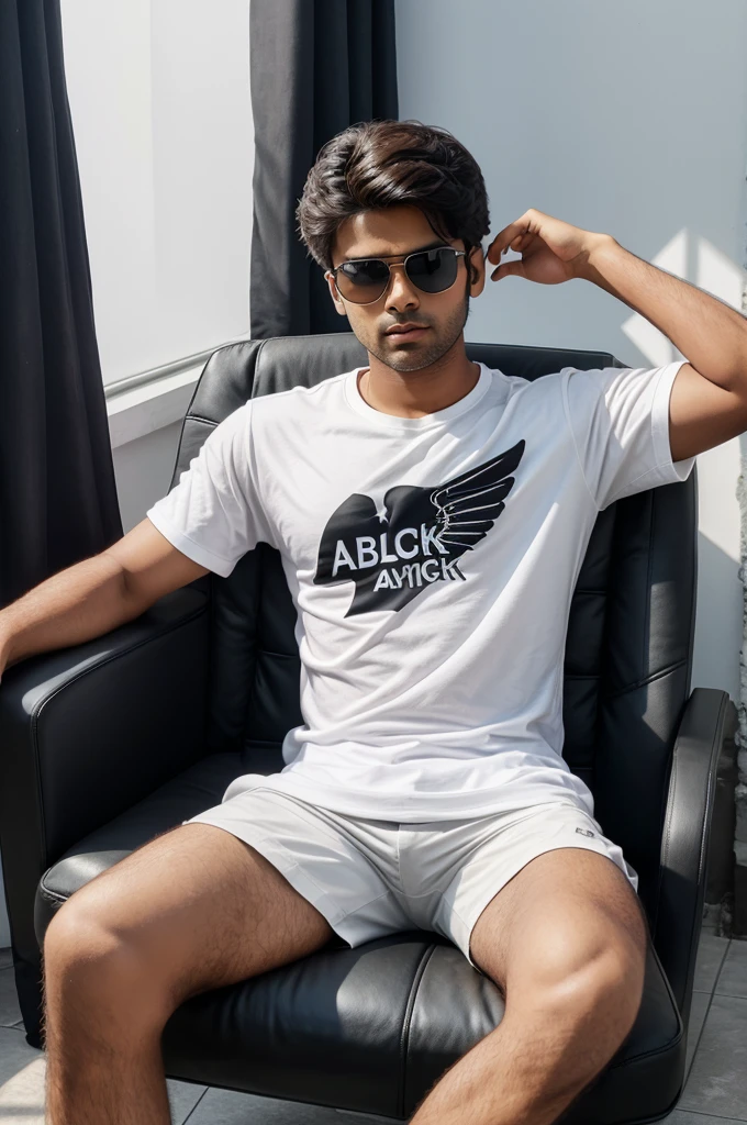 Create 3d illustration picture where a boy in ablack shirt sits casually on a wing back chair sunglasses he looks ahead the background features Minhaj Ali in big and capital white fonts on the back wall there should not be hi shadows and there are wings to make it appear as if he is an angle