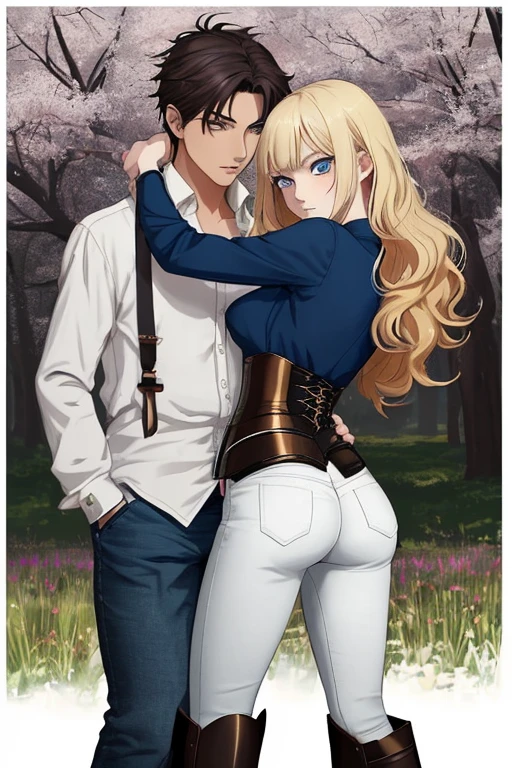 Anime style scene with a 21-year-old female character with a mature face, arching her back, and an adolescent boy standing behind her, touch her ass. The woman has long, waist-length, wavy blond hair, V bangs, and blue eyes, wearing a white blouse with a chocolate-colored corset over it, skinny tight blue jeans, and high boots. The boy has short dark hair, a slim build, and is wearing casual clothes. They are in a vibrant spring field at midday, with the boy's gaze focused on the woman, creating a dynamic and intriguing atmosphere.