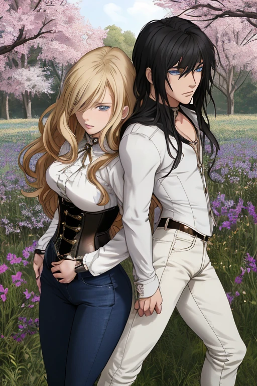 Anime style scene with a 21-year-old female character with a mature face, arching her back, and an adolescent boy standing behind her, touch her ass. The woman has long, waist-length, wavy blond hair, V bangs, and blue eyes, wearing a white blouse with a chocolate-colored corset over it, skinny tight blue jeans, and high boots. The boy has short dark hair, a slim build, and is wearing casual clothes. They are in a vibrant spring field at midday, with the boy's gaze focused on the woman, creating a dynamic and intriguing atmosphere.