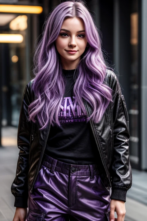 One beautiful young woman, light purple hair, long slightly waved and combed to one side, purple eyes, almond eyes, eyeliner, pretty smile, pale skin, extremely beautiful, kind, sweet, White, black jacket, black cargo pants, illustration style, portrait, vibrant lighting, color palette: light purple and black, (best quality, 4k, 8k, highres, masterpiece:1.2), ultra-detailed, realistic:1.37