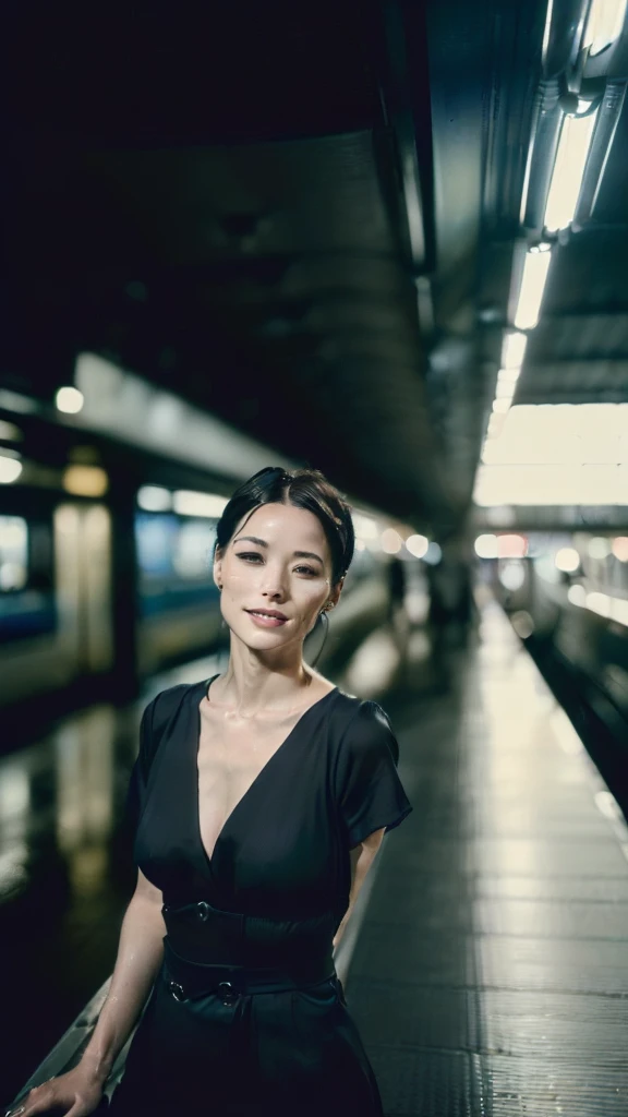 (((Very realistic, frontal, American shot photos of actresses taken by a professional photographer, very Seductive pose, 32k, 7 heads、looking at viewer, Staring Intently :1.5))),(A pure white, extremely thin fabric business short-sleeved open-neck shirt with a wide V-neck, Soaking wet:1.4)。((Highest quality)), ((masterpiece)), (((detailed))), (midnight ,A modern train station platform in Tokyo on a dark, pouring, stormy night, Low Key Lighting:1.6)、(((A very beautiful, extremely elegant and intelligent 39-year-old Japanese woman。Very intelligent and goddess-like face。An extremely elegant, calm and modest smile, Being drunk、My eyes are quite watery、I'm very horny、embarrassed ,blush, Curvy Body:1.7)))、(((A short, well-groomed, shiny black haircut。The skin is white and very smooth。A very hot rainy summer night、I'm pretty sweaty、My clothes were soaking wet and transparent、When wet, it sticks perfectly to your skin, revealing your beautiful body lines.、Through the extremely thin fabric, her skin and her navy blue, lacy, high-end underwear are clearly visible.:1.9)))。(((A simple and elegant business pencil skirt in a plain navy blue knee-length,The clothes fit the body very well:1.8))), (Healthy Body、The line of the chest, collarbone and décolletage are extremely beautiful.:1.9)。She is looking straight at the camera with a very shy look on her face.。Light makeup and no piercings,A simple and modest pearl necklace、(((He is holding his crotch tightly with both hands.、large chests )))