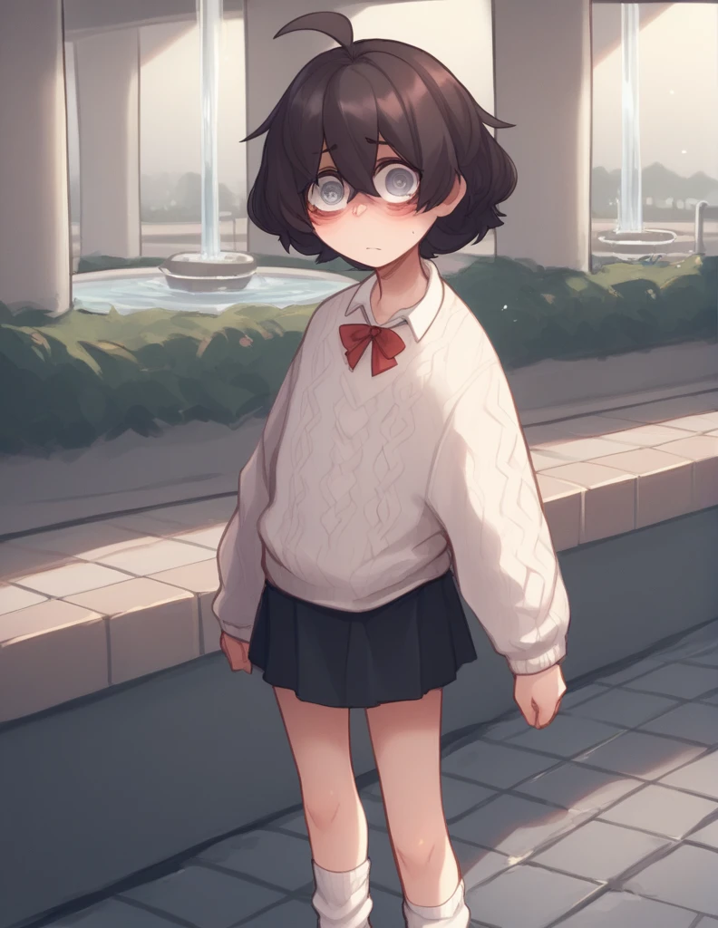 1 girl, alone, ppka, black fur, short hair, messy fur, Ahoge, parts, parts por todo el cuerpo, grey eyes, blind eyes, kind eyes, very nervous, blushing, looking at the viewer,
Walking in the square, fountain, Cafeteria,
White sweater, mini skirt, mini skirt de cuadros, mini skirt rosa, leg warmers, white socks