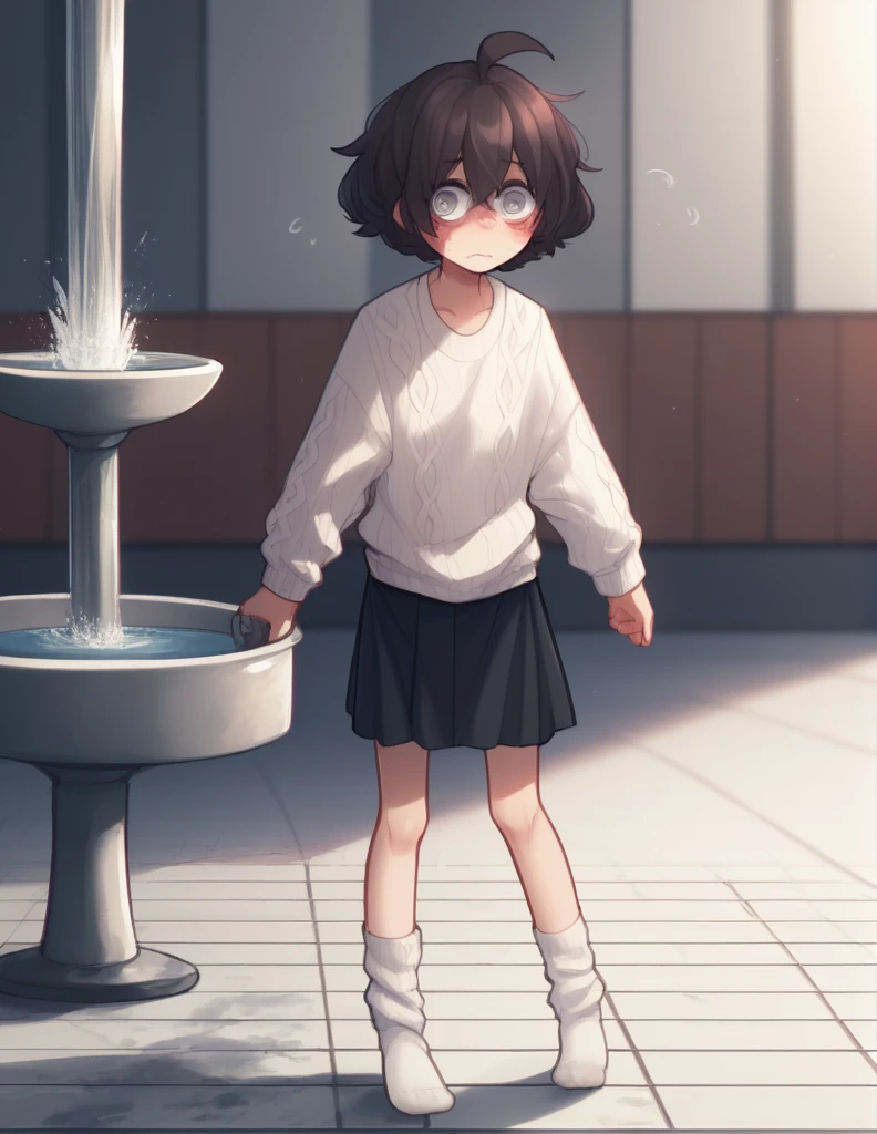 1 girl, alone, ppka, black fur, short hair, messy fur, Ahoge, parts, parts por todo el cuerpo, grey eyes, blind eyes, kind eyes, very nervous, blushing, looking at the viewer,
Walking in the square, fountain, Cafeteria, 
White sweater, mini skirt, mini skirt de cuadros, mini skirt rosa, leg warmers, white socks 

