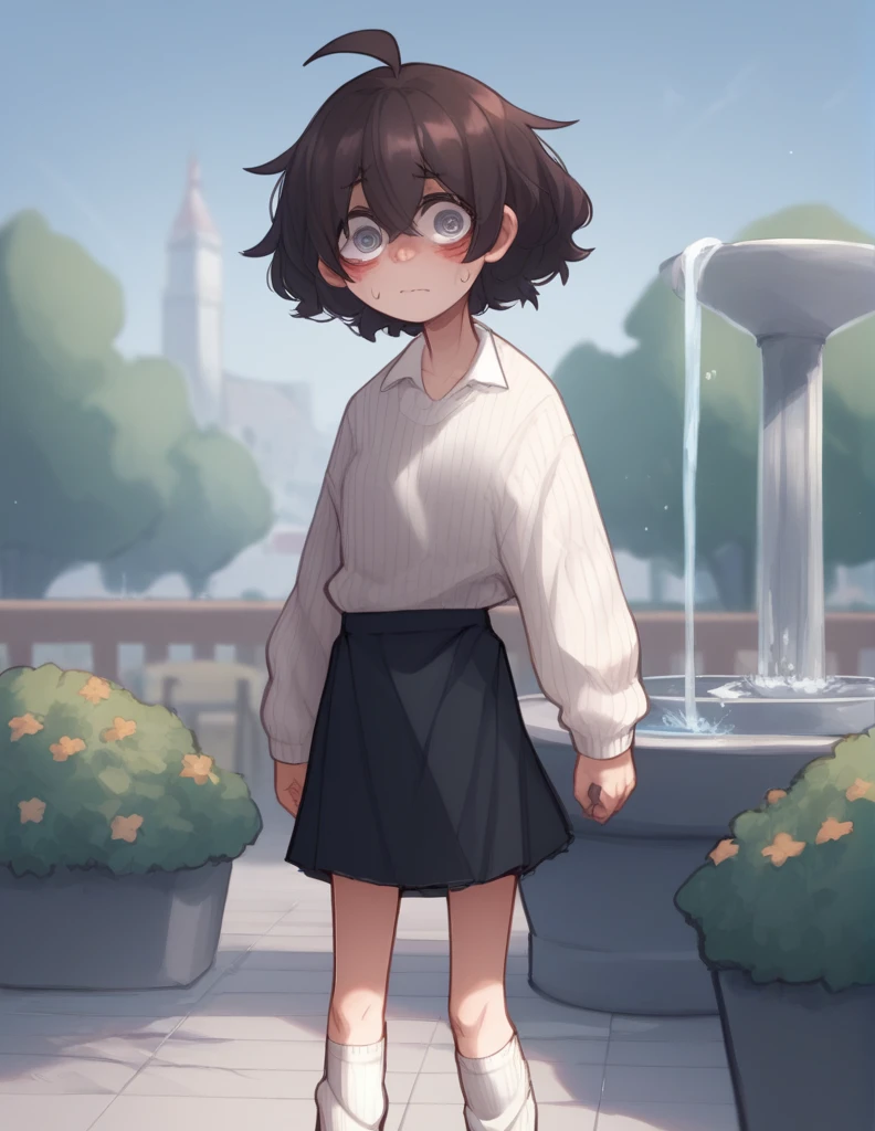 1 girl, alone, ppka, black fur, short hair, messy fur, Ahoge, parts, parts por todo el cuerpo, grey eyes, blind eyes, kind eyes, very nervous, blushing, looking at the viewer,
Walking in the square, fountain, Cafeteria,
White sweater, mini skirt, mini skirt de cuadros, mini skirt rosa, leg warmers, white socks