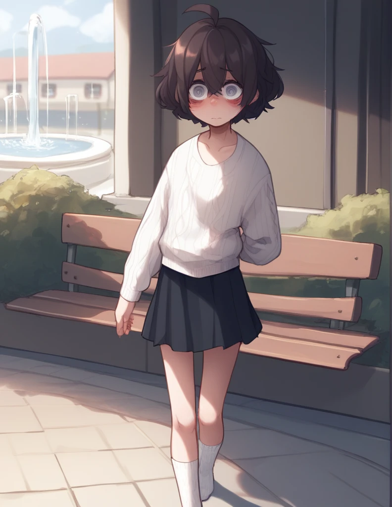 1 girl, alone, ppka, black fur, short hair, messy fur, Ahoge, parts, parts por todo el cuerpo, grey eyes, blind eyes, kind eyes, very nervous, blushing, looking at the viewer,
Walking in the square, fountain, Cafeteria,
White sweater, mini skirt, mini skirt de cuadros, mini skirt rosa, leg warmers, white socks