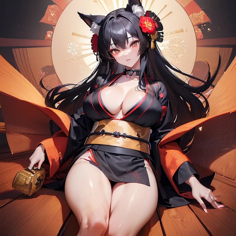 (Fox Girl, Fox Ears, Black colored hair, Fox Makeup, One Girl, Long Hair:1.2), (kimono, Kimono with open chest, A beautiful kimono with red and black patterns, I can see her cleavage, Open chest, Exposed skin:1.8), (Body size is 100-70-90!, Nice body, Big Breasts, Soft breasts, Emphasize cleavage, Thighs are slightly visible, Muscular, Abdominal muscles, Grab your own chest:1.4), Avatar, face, lewd face, Dominant representation, naughty face, Uplifting, Skin Texture, outside, Grassy field