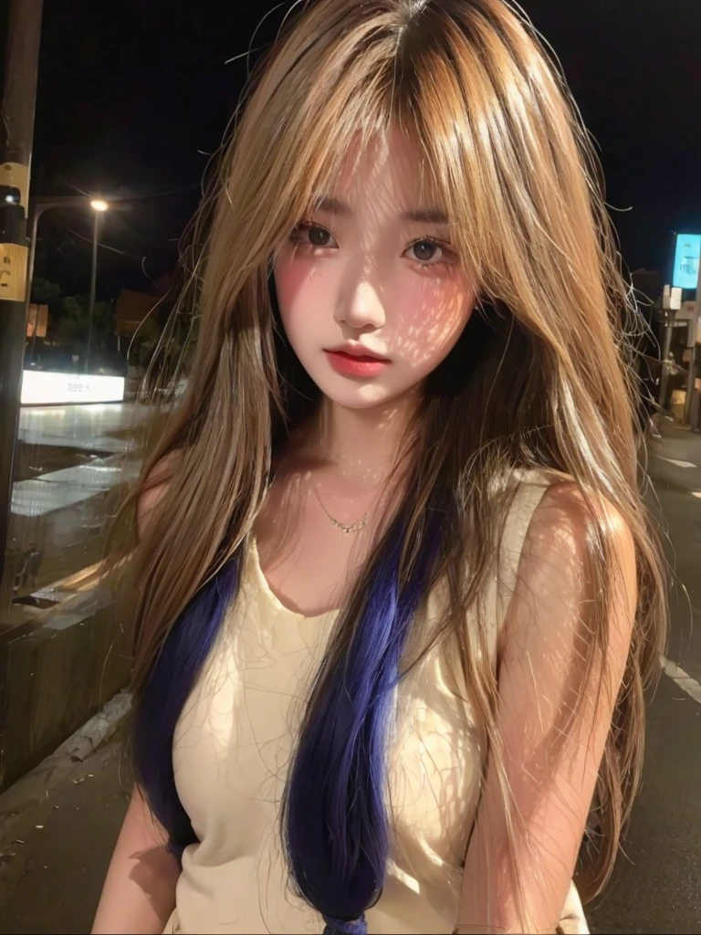 A woman stands on a city street at night，Background with city streets