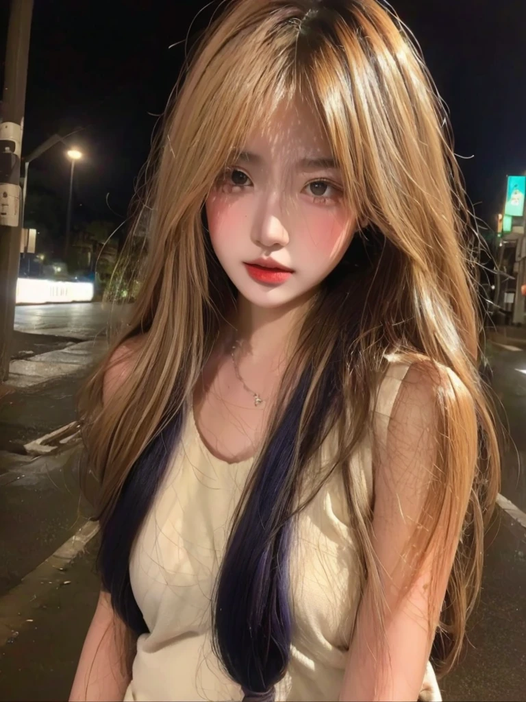 A woman stands on a city street at night,Background with city streets