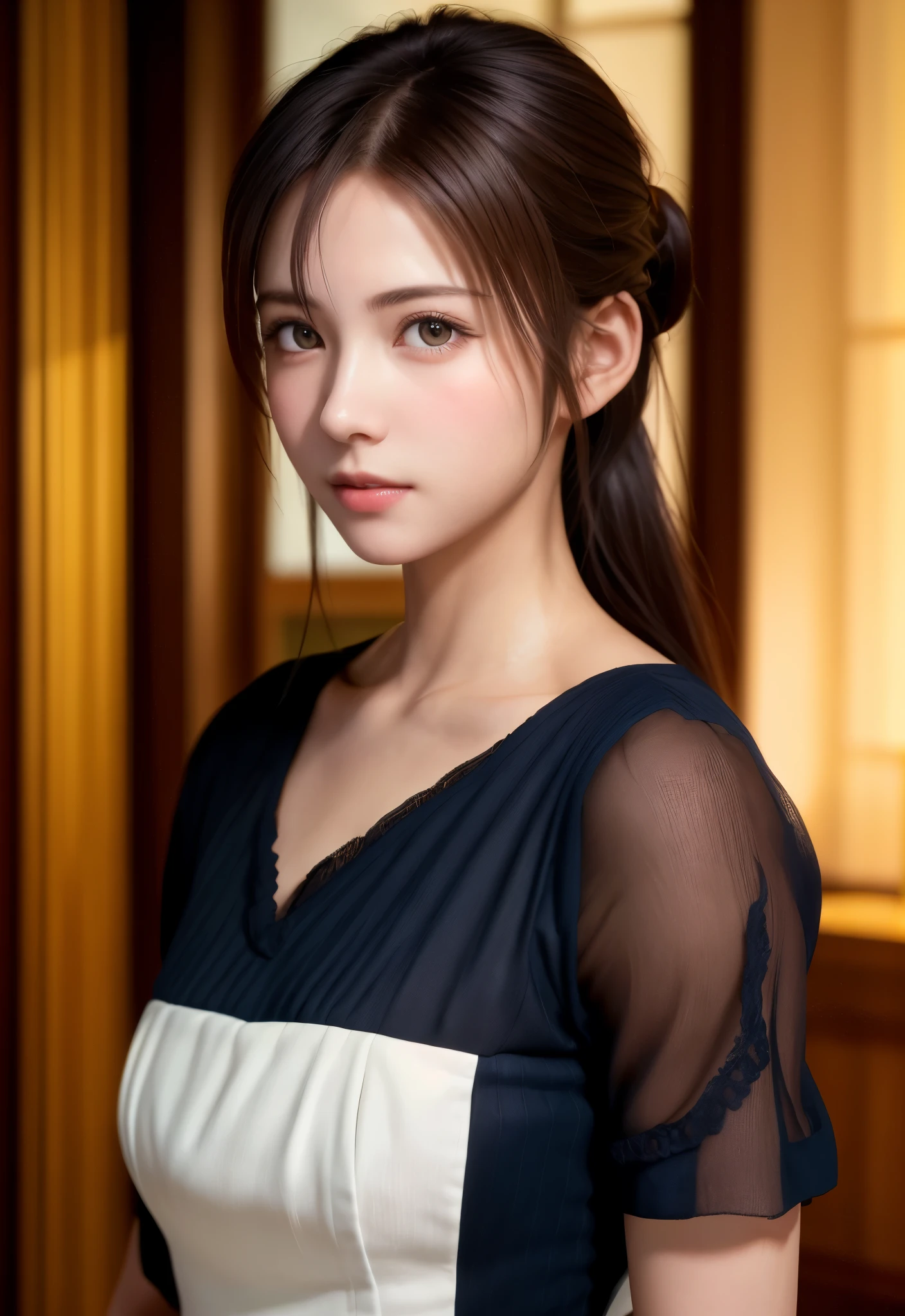 8K, of the highest quality, masutepiece:1.2), (Realistic, Photorealsitic:1.37), of the highest quality, masutepiece, Beautiful young woman, Pensive expression,、A charming、and an inviting look, Cute Maid Clothes, Hair tied back, Cinematic background, Light skin tone