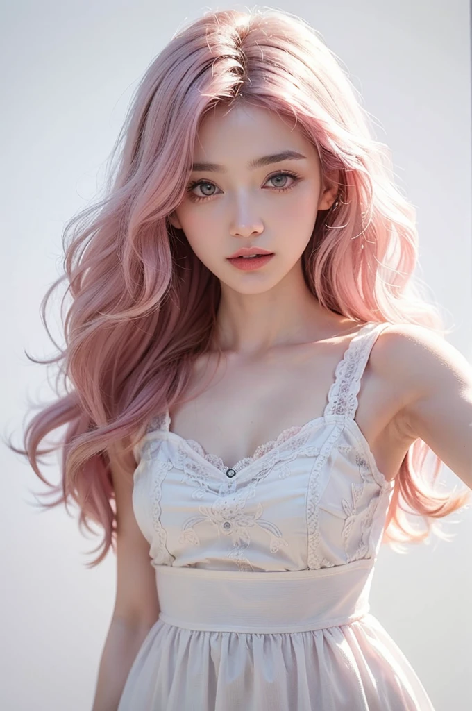 Light pink hair, Pink Eyes, Pink and white, Vibrant colors, White Dress, Paint splashes, Simple Background, Ray Tracing, Wavy Hair
