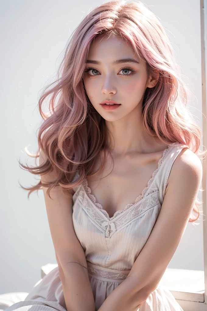 Light pink hair, Pink Eyes, Pink and white, Vibrant colors, White Dress, Paint splashes, Simple Background, Ray Tracing, Wavy Hair