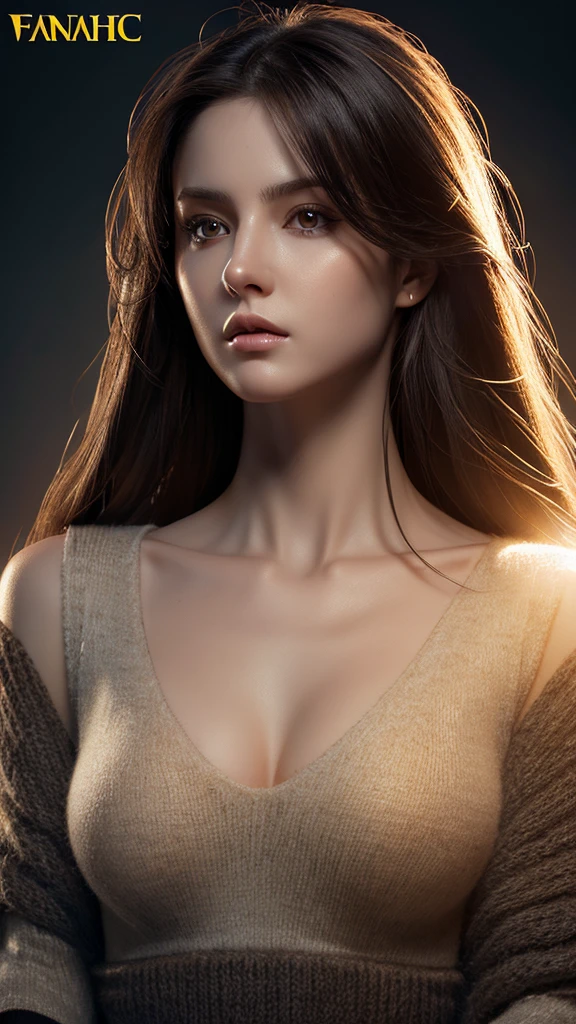 fantasy art, photorealism, dynamic lighting, art station, poster, volume lighting, highly detailed face, (official uniform: 1.4), long hair, sweater, delicate clavicle, bare shoulders, Breast augmentation, small waist