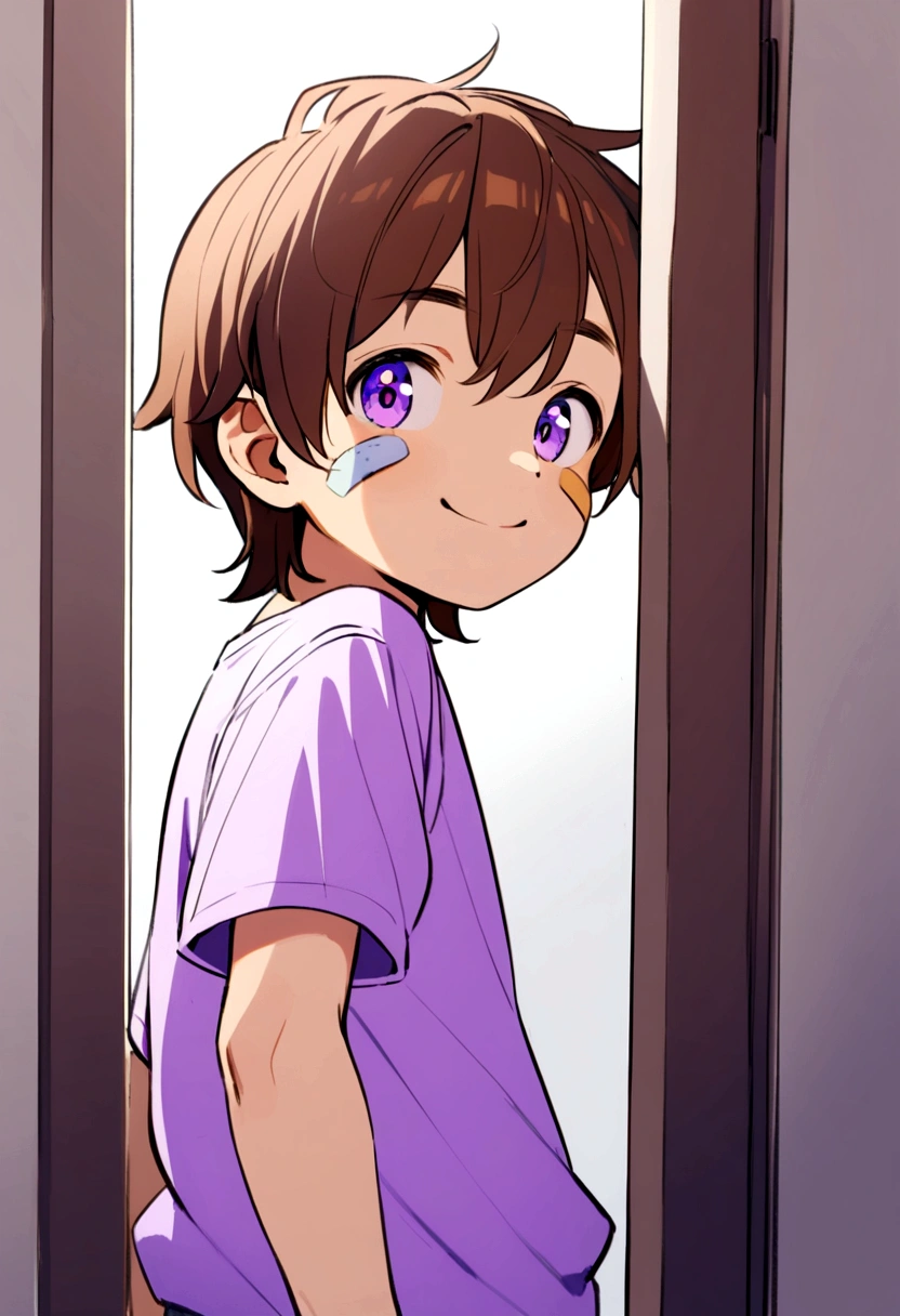6 year old boy, brown hair, purple eyes, band aid on face, purple tank top, white t-shirt inside, smiling.