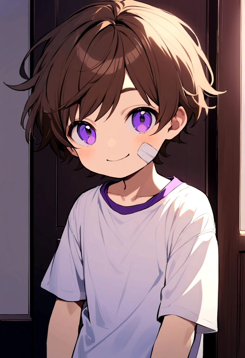 6 year old boy, brown hair, purple eyes, band aid on face, purple tank top, white t-shirt inside, smiling.